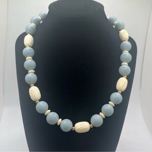 Vintage Napier Pastel Blue Lucite Bead Necklace with Ivory Carved Accents